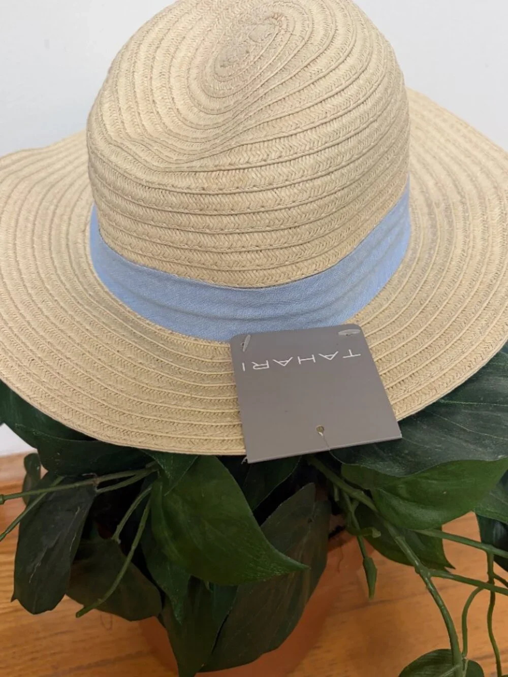 Tahari Girls Straw Sun Hat Blue Bow NWT